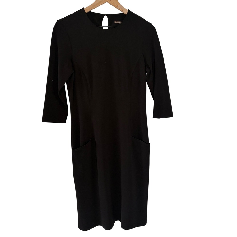 J. McLaughlin Black Sheath Dress 3/4 Sleeve Pockets Keyhole Back Womens Size Sm